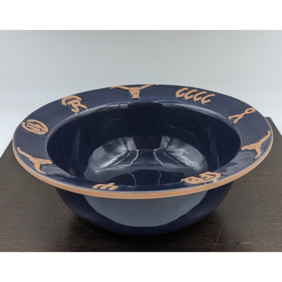 Frankoma Pottery Ranch Navy Blue Vegetable Serving Bowl 10.5" Cattle Brands - Picture 1 of 10